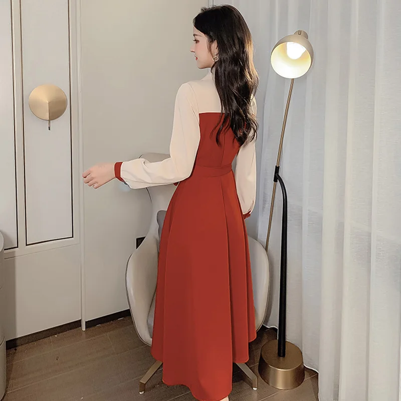 

Spring Temperament Contrast Color Patchwork Double-breasted Midi Dress with Sashes Autumn Long Sleeved Slim A-line Dress