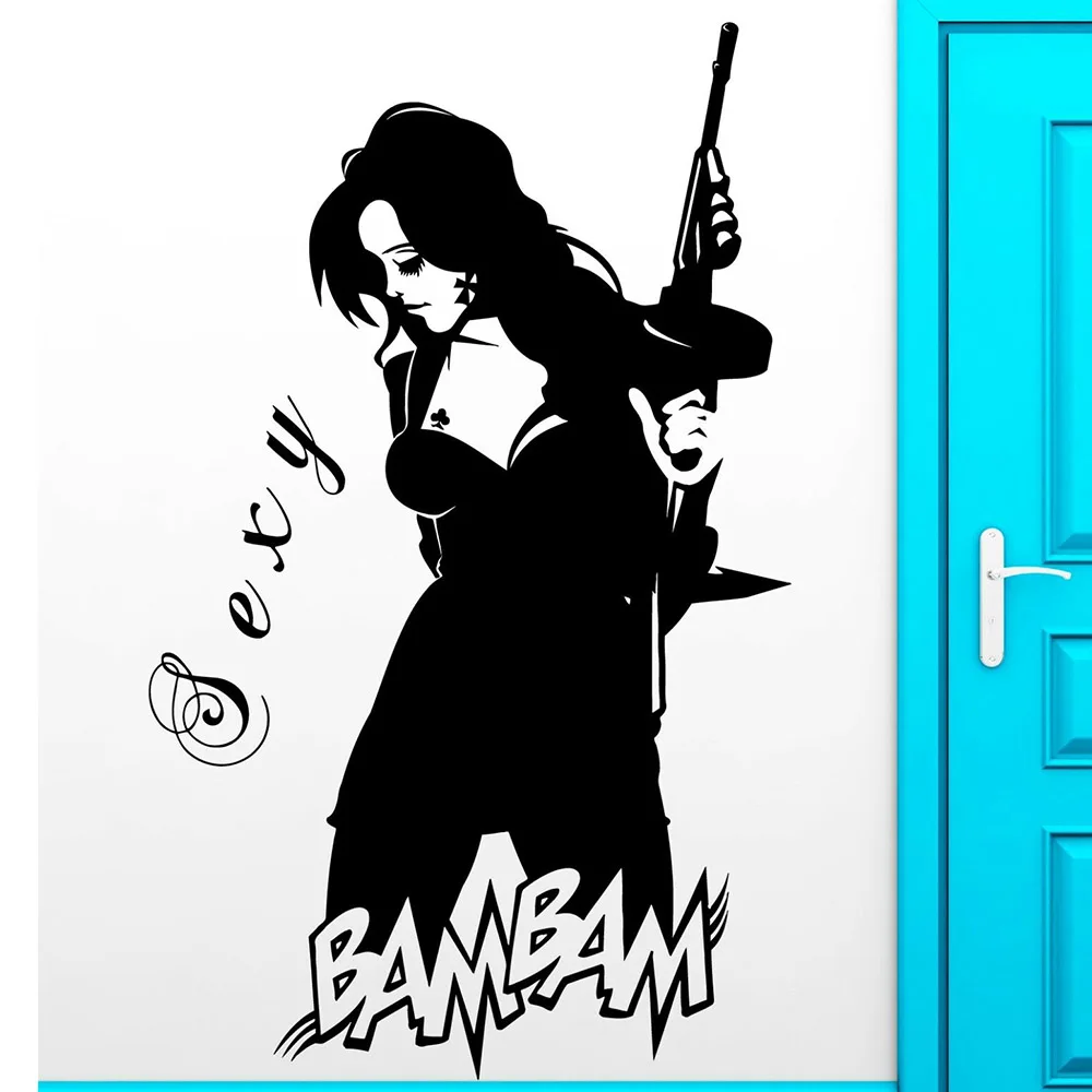 

Cool Woman Wall Sticker Sexy Girl Window Vinyl Decal Decor Super Teen With Gun Cool Decor Home Bedroom Decor Art Mural M107