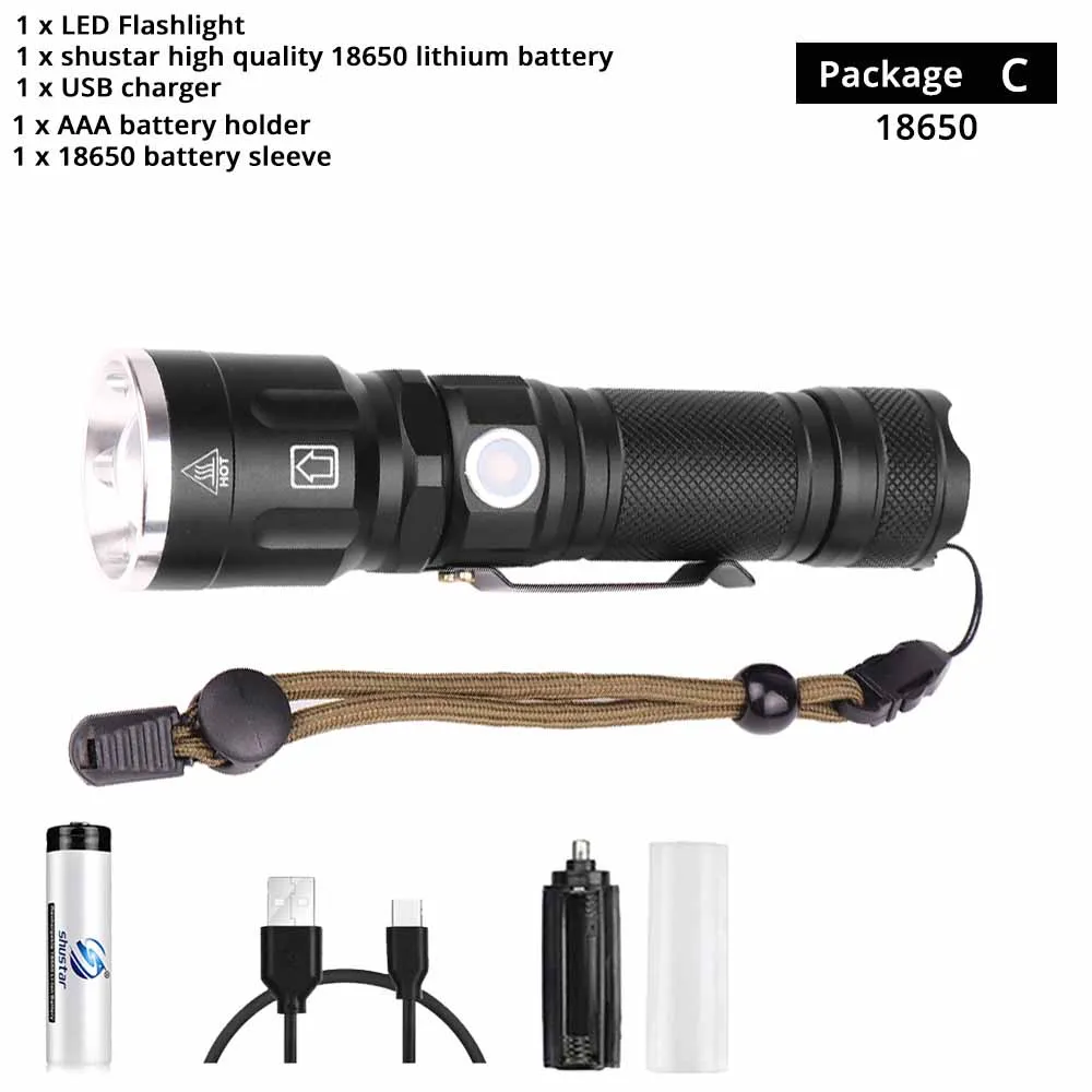 Package C-18650 Супер яркий XHP50 светодиодный фонарик водонепроницаемый 5 режимов освещения масштабируемый фонарик ИСПОЛЬЗОВАТЬ 18650 или 26650 Аккумулятор для наружных приключений - Испускаемый цвет: Package C-18650