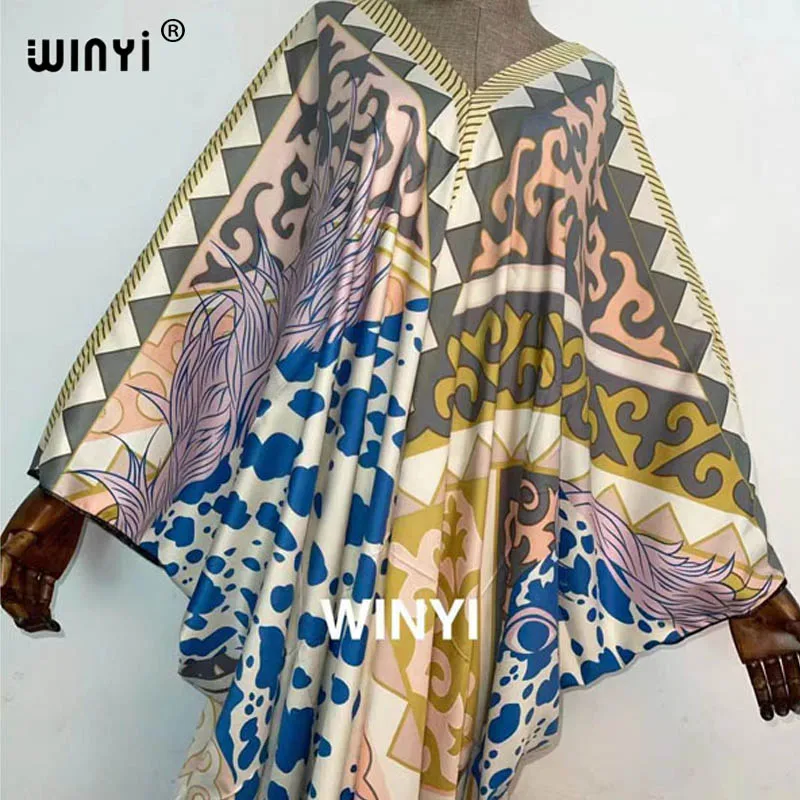 2021 Middle East Fashion Print Twill WINYI Maxi Dress African Women Abaya Robe Long Dress Beach V-neck Bohemian Dress