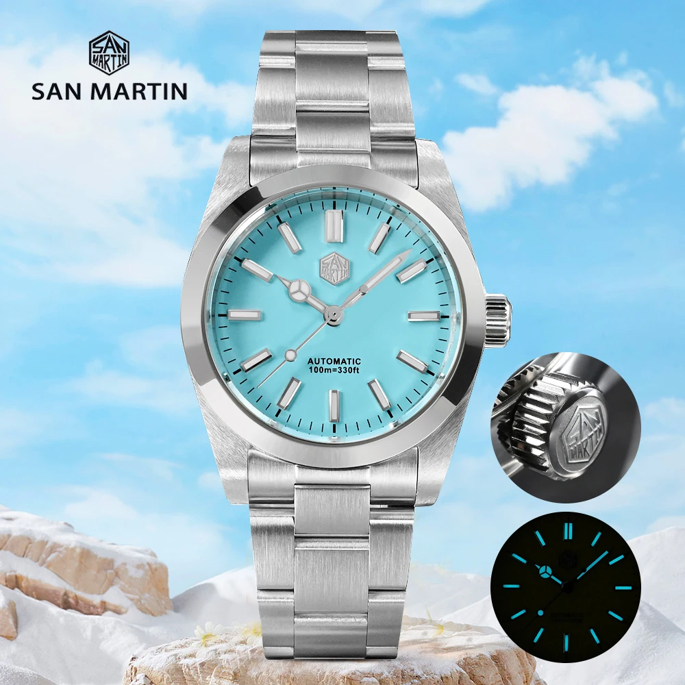 

Мужские Роскошные часы San Martin 36 мм коралловый синий циферблат изучение скалолазания серии винтажные автоматические часы механические BGW9 св...