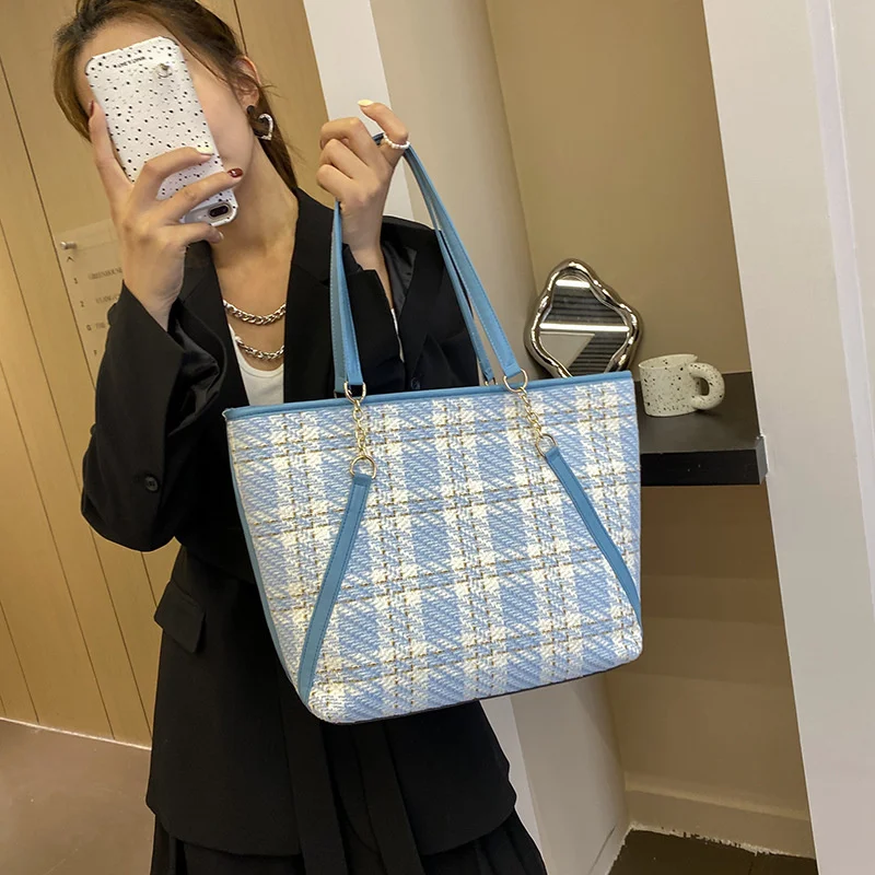 

Autumn Winter Women Bag Fashion Wool Plaid Tote Bag Vintage Soft Zipper Shoulder Bag Handbag High-Capacity Shopping Bag