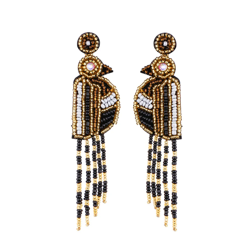 

European and American 925 Silver Ethnic Style Earrings Handmade Beaded Colorful Beads Bohemian Tassel Earrings