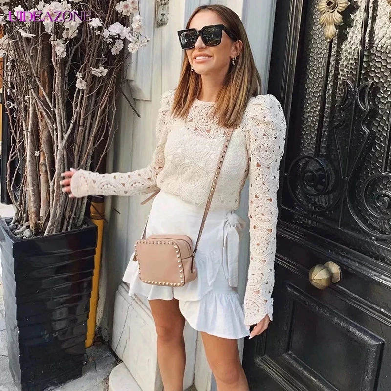 Женские Ажурные кружевные топы белого цвета длинные рукава с цветочной вышивкой