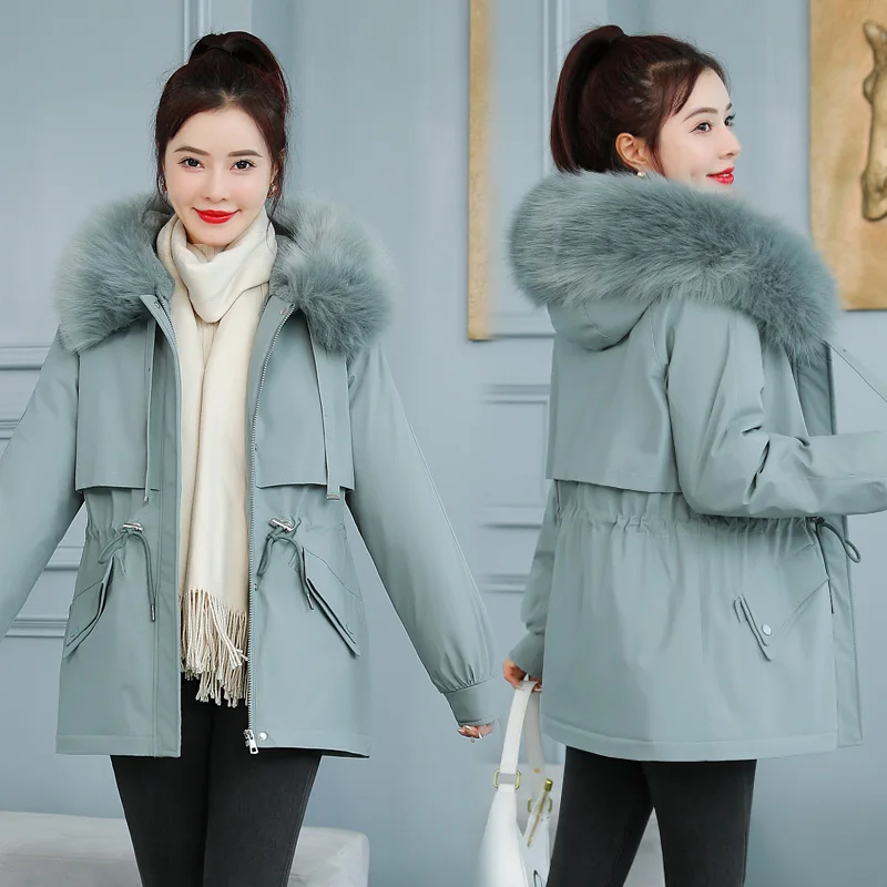 2022 Winter Slim Fleece Parkas Coat Fur Collar Hooded Thicken Warm Jacket Padded Casual Female Outwear Loose Korean Cotton Coats