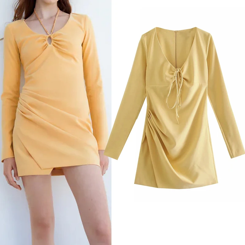 

Za Yellow Short Dresses Woman Ruched Cut Out Mini Dress Women Rhinestone Straps Long Sleeve Dress Autumn Elegant Dresses