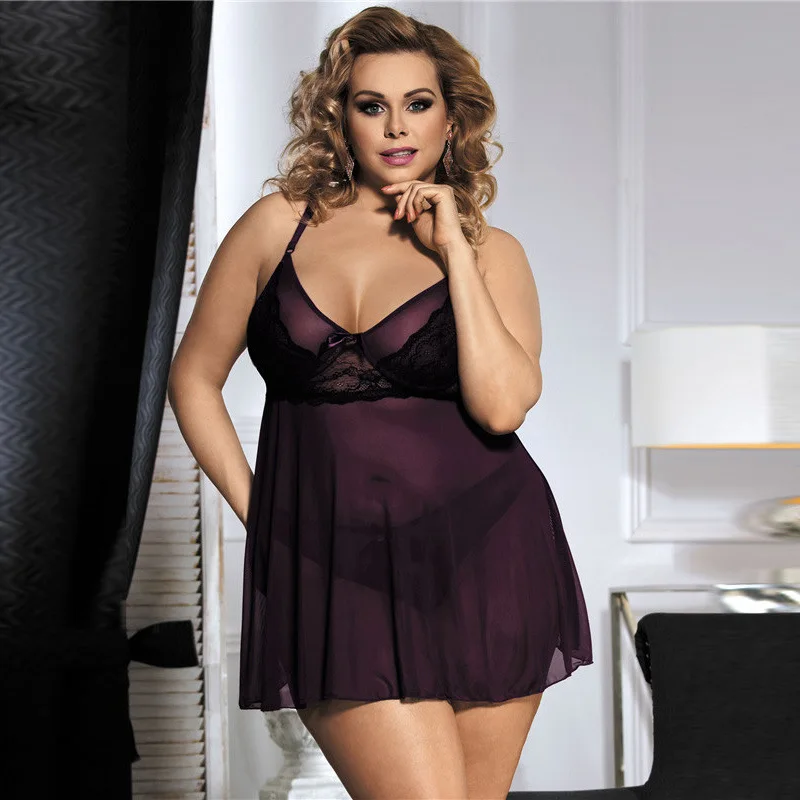 

Sexy Pajamas Female Lace Seduction Transparent Mesh Sling Nightdress Large Size Summer and Autumn