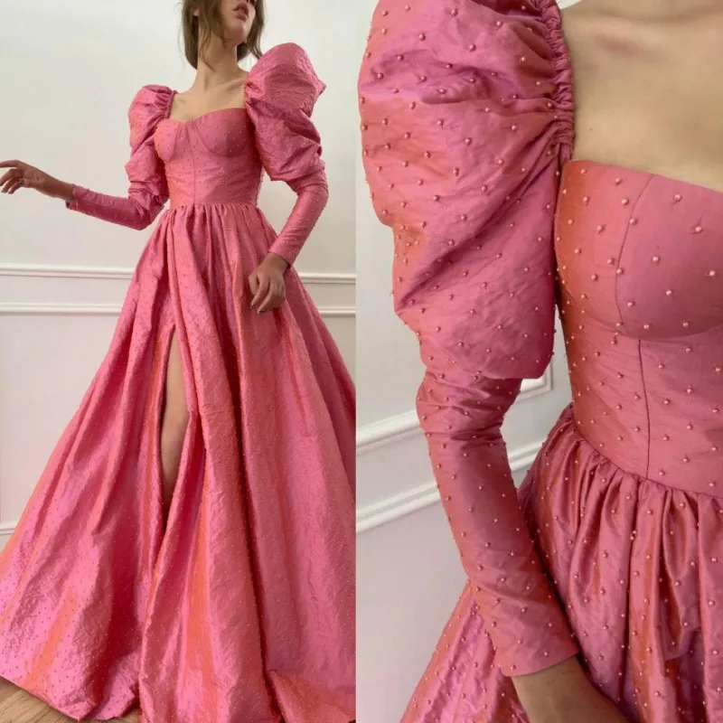 

Pink Peals Beaded Evening Dresses Long Puffy Sleeves and Split Skirt Party Gown Taffeta Prom Dress Vestidos Robe De Soiree