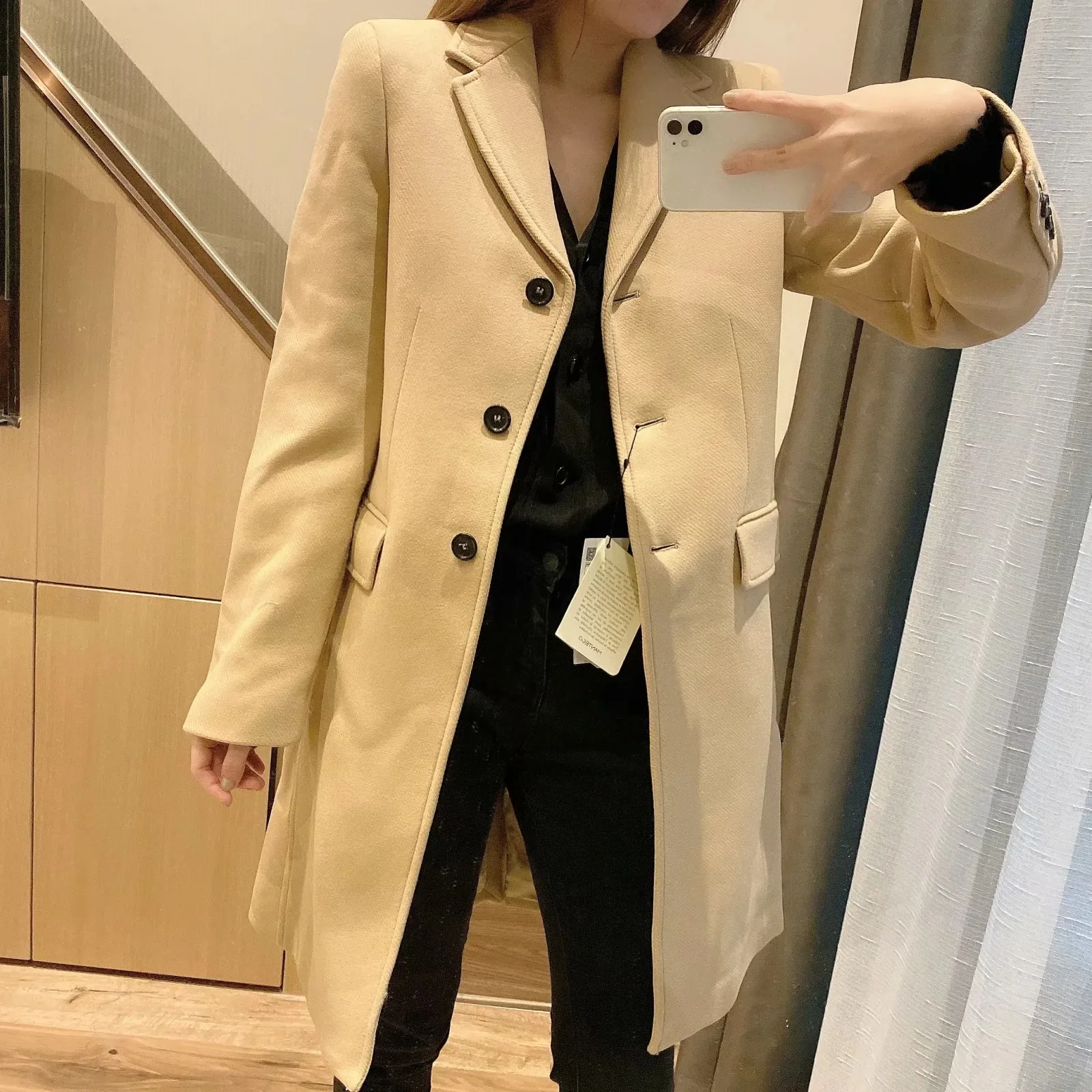 

2021 New Woollen Coat Women Lapel Slimming Mid-Long Style Overcoat Apricot Solid Elegant Temperament Thermal Femme Coat