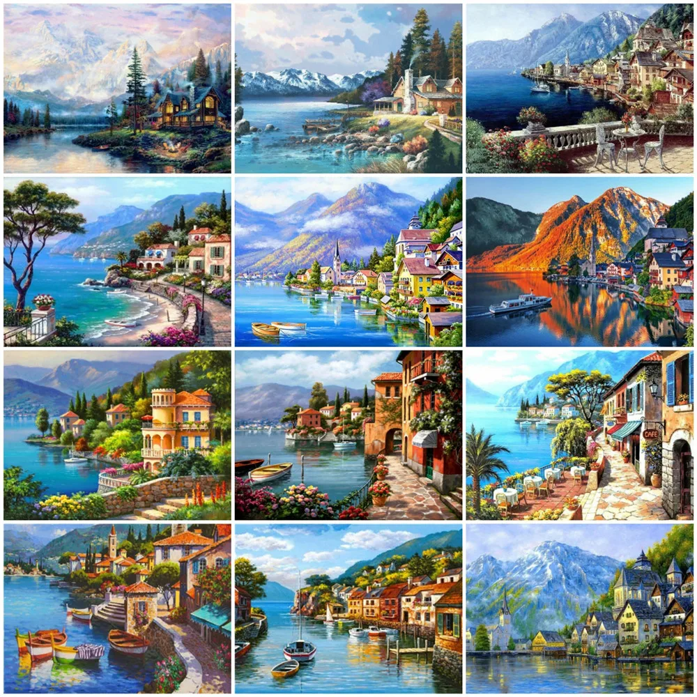 

HUACAN 5D Diy Diamond Painting Seaside Mountain Landscape Mosaic Embroidery Town Cross Stitch Wall Stickers
