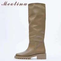 meotina women genuine leather boots round toe thick high heel platform ladies boots knee high boots autumn winter apricot 34 42
