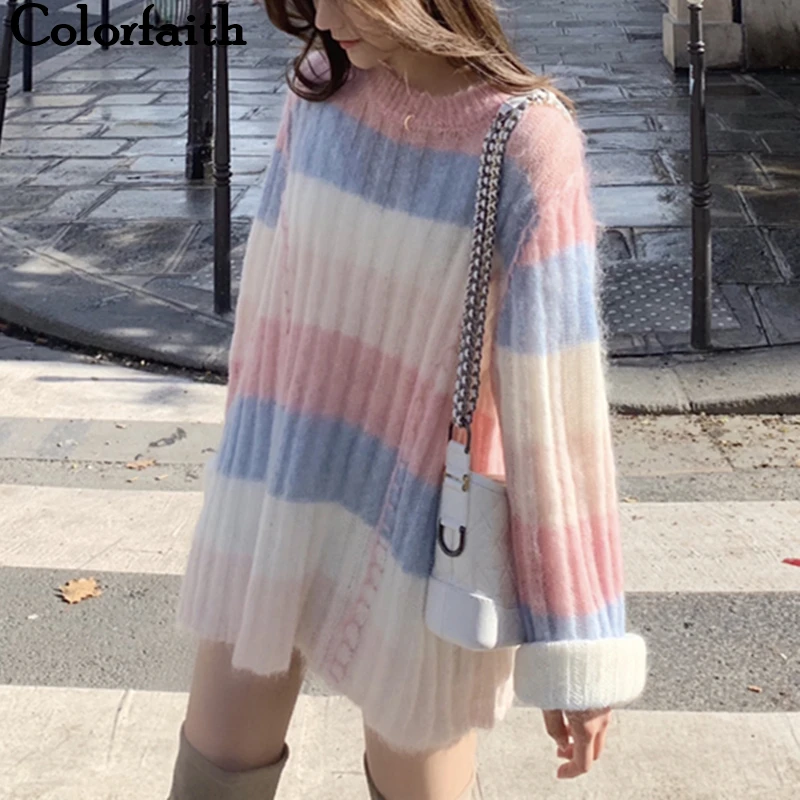 Colorfaith новинка 2019 осенне зимние женские свитера пуловеры в радужную полоску