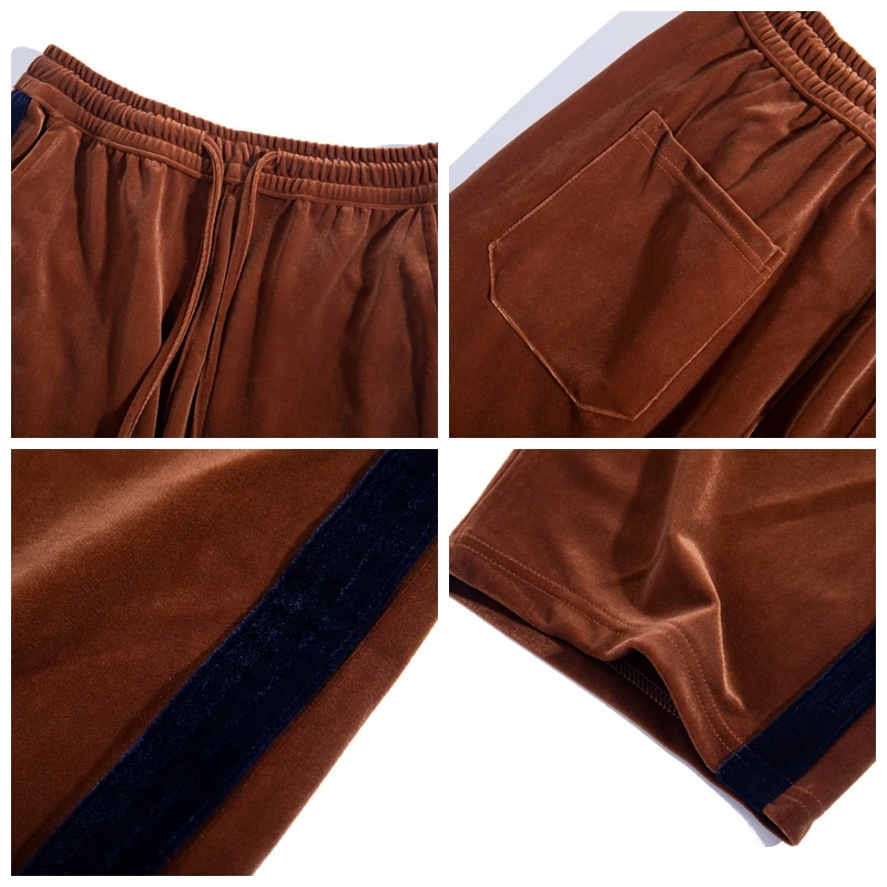 

Mens Velvet Wide Leg Pants Hip Hop Side Stripe Sweatpants Brown Velour Pants Streetwear Fashionable Wide Leg Trousers Women
