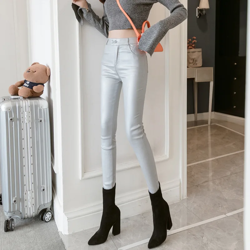 Winter Autumn New Pu Leather Pants Women Sexy Slim High Waist Black/Silver/Red Pencil Long Trousers Ladies Leggings 850 | Женская одежда
