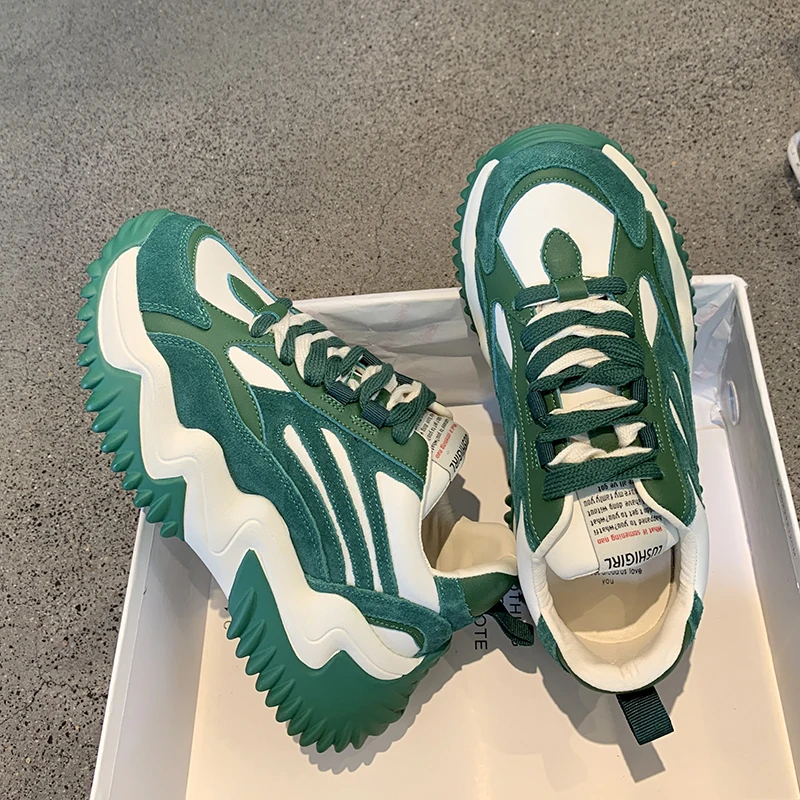 

Green Shoe 2021 Fashion Platform Sneakers Women Spring Autumn Breathable Leather Student Sports Shoes Woman Lace Up Casual Shoes