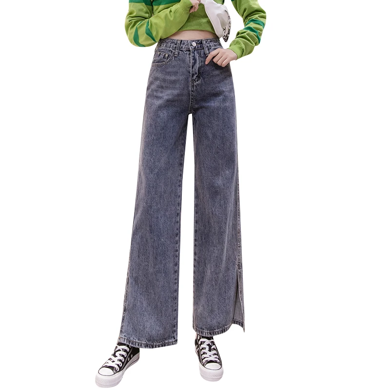 

Wide Leg Pants Female High Waist Slit Drape 2021 Spring and Autumn Women's Jeans Pants Straight Loose BF Style Daddy Pants