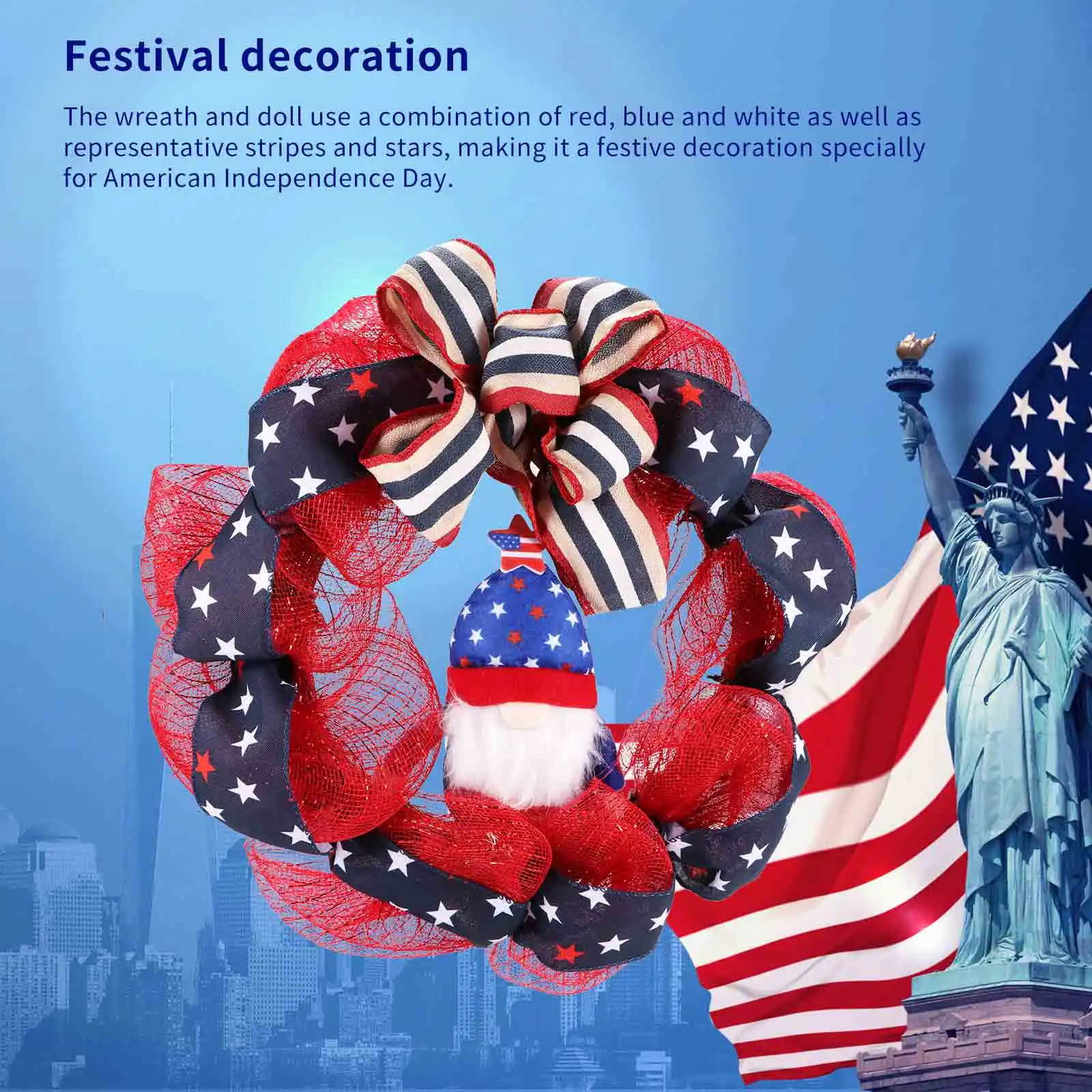 

Houkiper July 4th Memorial Day Decoration Patriotic Wreath Doll American Independence Day Decoration Wreath Wall-Mounted Porch