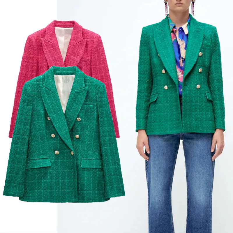

2021 Textured Double Breasted Green Blazer Women Long Sleeve Vintage Casual Fitting Coat Female Autumn Blazers Outerwear