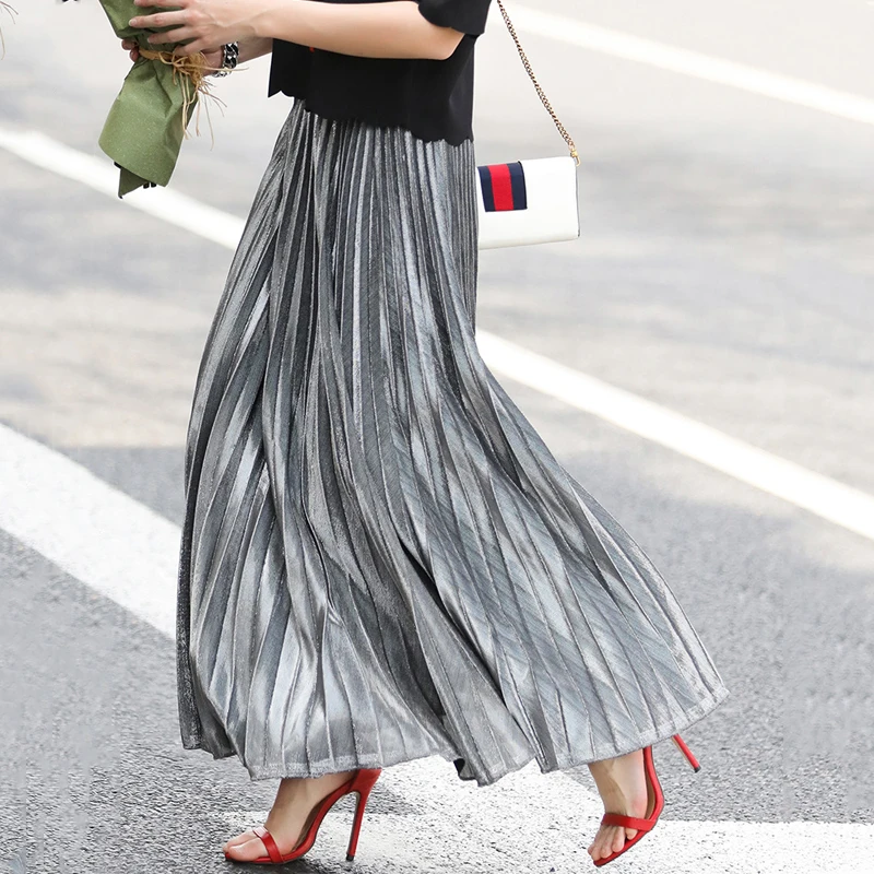 

2019 New Summer Suede Skirt Gold Silver Metallic Long Striped Elasticity Pleated Skirts Womens Vintage Women Midi Skirt Saias