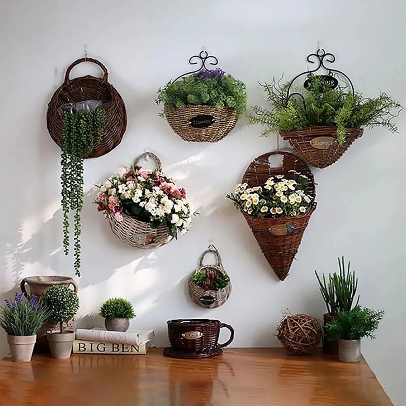 

Hand Made Wicker Rattan Flower Basket Green vine Pot Planter Hanging Vase Container Wall Plant Basket For Garden