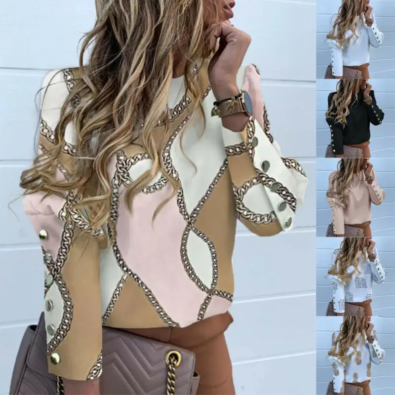 Женская однобортная рубашка на пуговицах с круглым вырезом и длинным рукавом