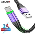 Кабель USLION USB Type-C, 2 м, 3 А, со светодиодной подсветкой, для быстрой зарядки телефонов Samsung, Xiaomi, Huawei, кабель для передачи данных