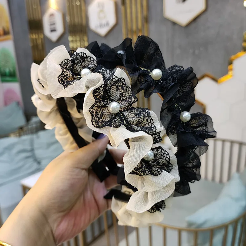 

Fashion Girls Headband Handmade Shining Pearls Rhinestone Lace Ornament Hairband Women Middle Knot Turban Hair Accessories
