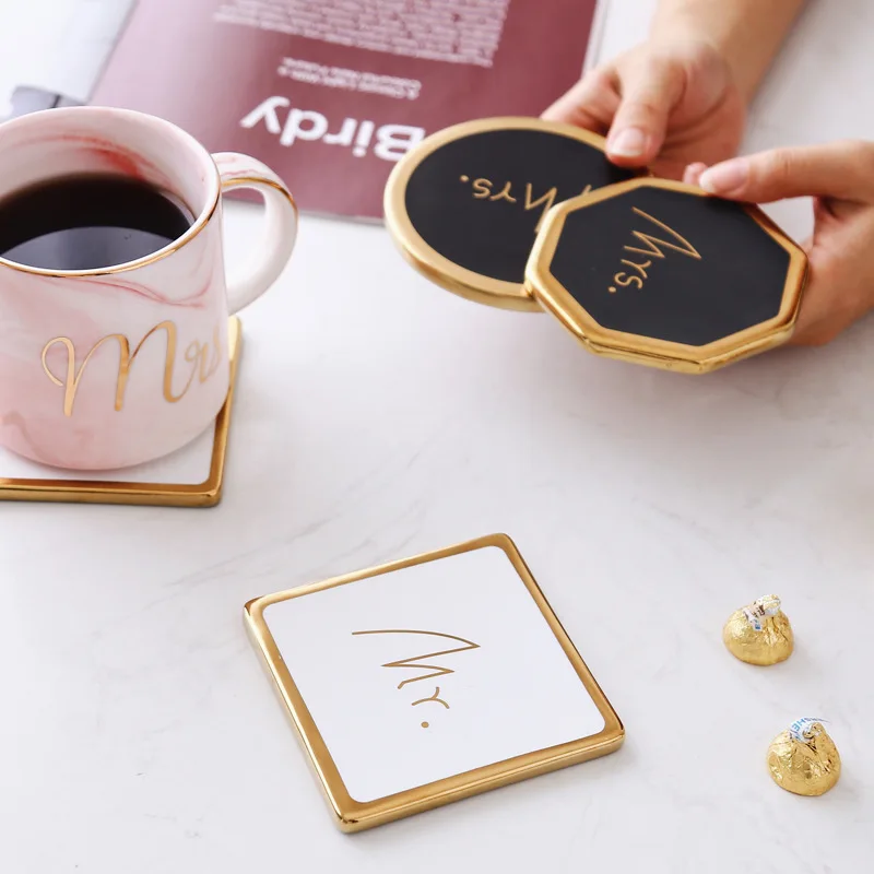 Ceramic Coasters Gold Rimmed Heat Insulation Hot Table Cork Non Slip | Дом и сад