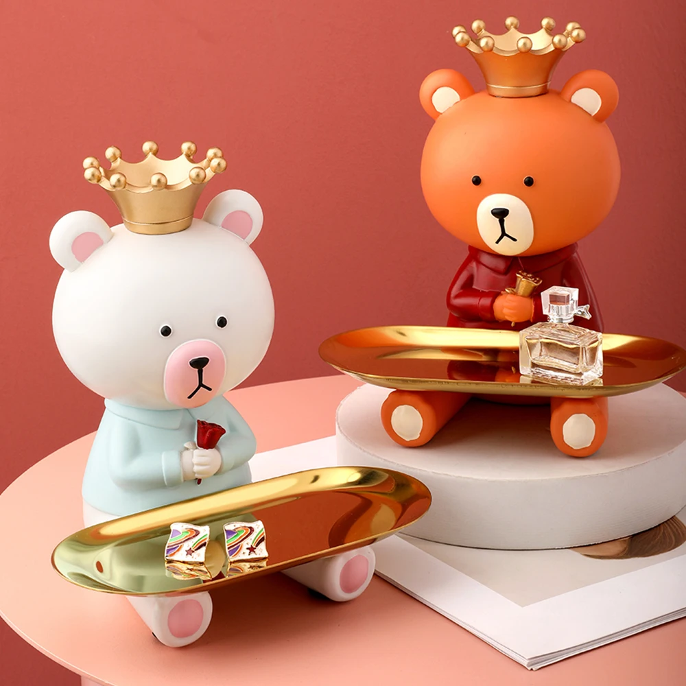 

Cute Bear Figurine Key Makeup Candy Storage Tray Home Decoration Statue Living Room Decor Craft Ornament Decorative Sculpture