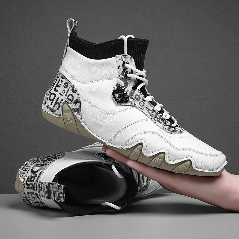 

New Socks Mouth Handmade Boots Men High Top Casual Leather Shoes Brand Fashion Letter Print Men Boots Big Size 38-46 Ankle Botas