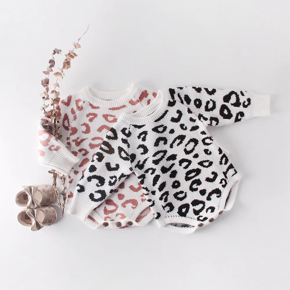 

0-24M Leopard Baby Romper Newborn Kid Boys Girls Winter Clothes Long Sleeve Sweater Jumpsuit Cute Sweet New Born Outfit