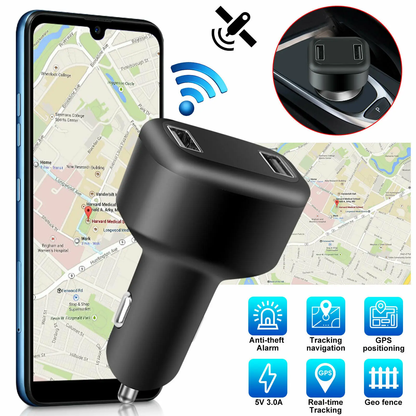 

GPS Tracker Real Time Vehicle Tracking Device & 2USB Car Charger W/ Live Audio Vehicle MP3 Player Car Charger With GPS