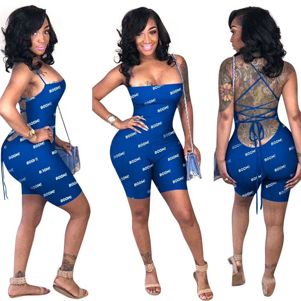 

Hot Selling Printed Letters Bandage Open Back Skinny Sexy Jumpsuit