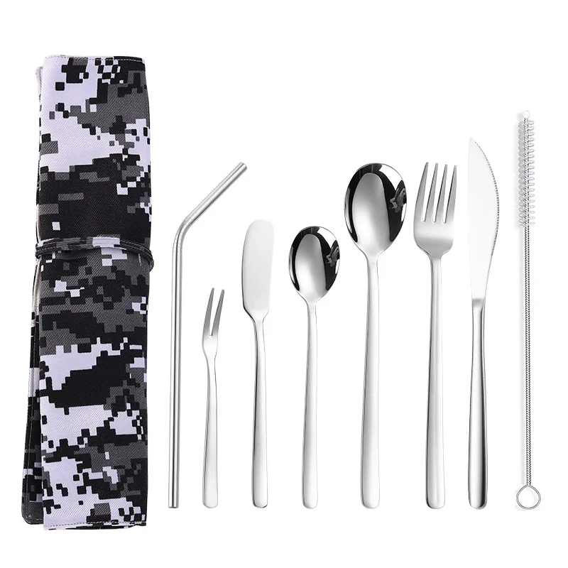 9 pcs silver Новинка, набор столовых приборов из нержавеющей стали, портативный набор столовых приборов, вилки для фруктов, столовые ножи, Набор Десертных ложек, металлическая соломинка, переносная сумка - Цвет: 9 pcs silver
