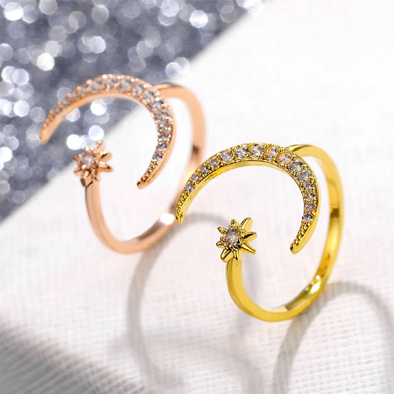 

Zircon Star Moon Ring Romantic Simple Fashion Open Ring Geometry Gold and Silver Strap Lady Girl Ring Proposal Wedding Jewelry
