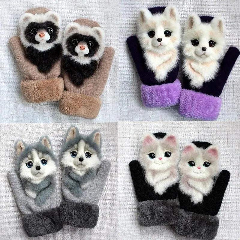 

9 Styles Plush Padded Animal Mittens Cat Dog Panda Raccoon Design Winter Warm Gloves Full Fingers Fashion Soft Princess Gloves