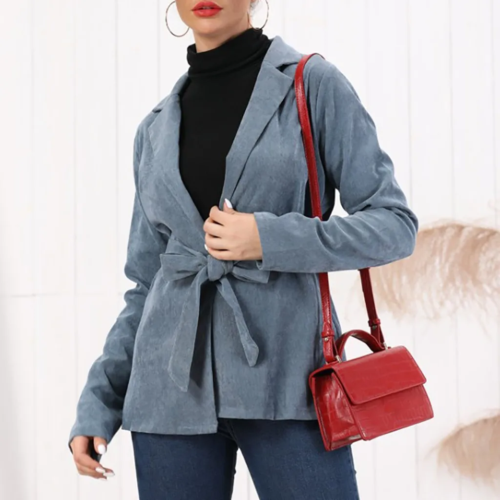 Винтажные вельветовые бандажные пальто Женское зимнее однотонное с длинным