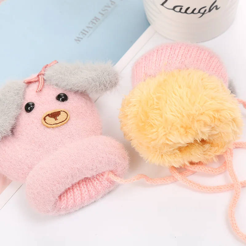 

0-12 Months Winter Kids Gloves Infant Plus Velvet Warm Knitted Mittens Cute Cartoon Animal Dog Hanging Neck Full Finger Glove