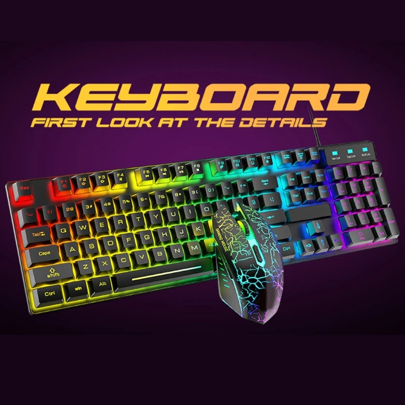 

Проводная клавиатура T6 Rainbow USB, коврик для мыши с RGB-подсветкой, профессиональная игровая клавиатура для геймеров, ПК, ноутбука