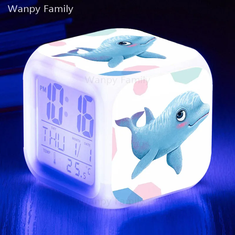 Светодиодный Будильник в виде дельфина 7 цветов светящиеся цифровые часы для