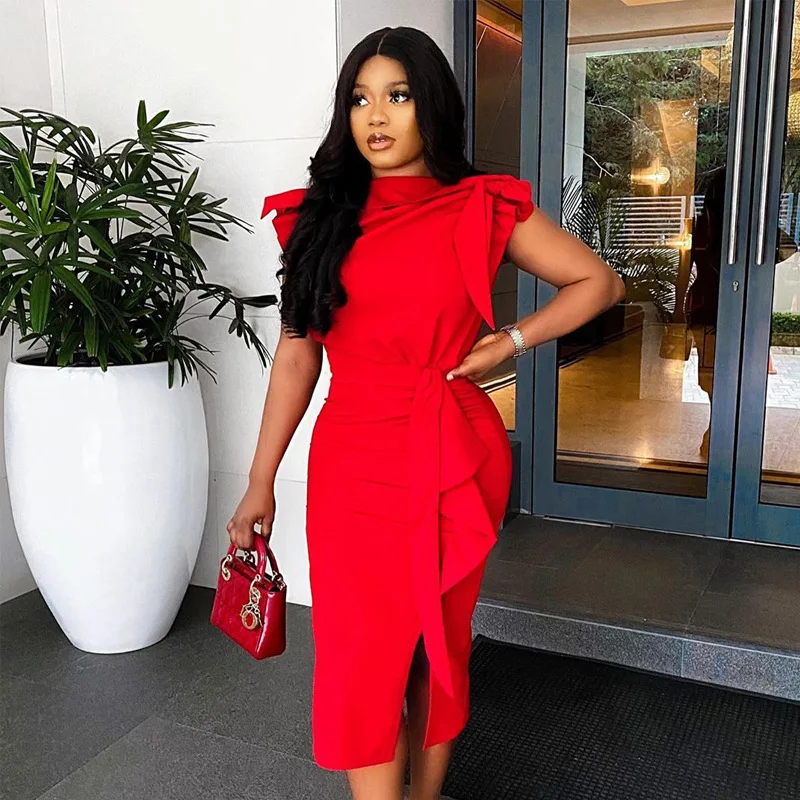 

Tall waist falbala big yards cultivate one's morality split sleeveless bowknot female leisure dress