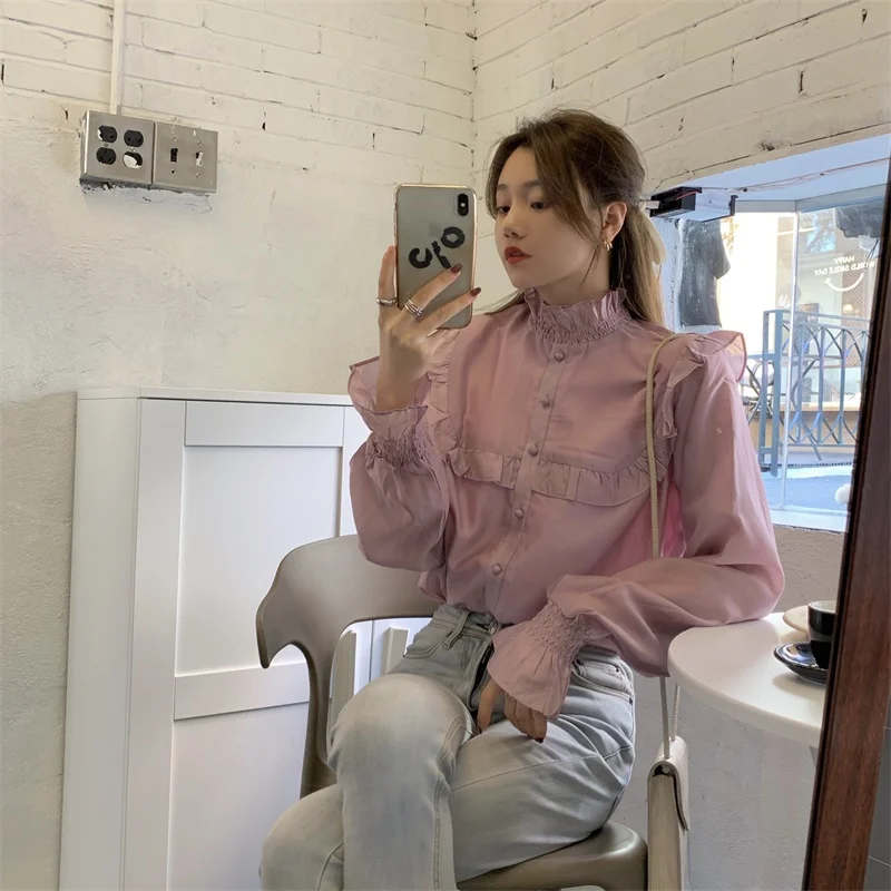 

2021 Spring New Collection Korea Style Thin Slim Sweet Ruffles Long-Sleeved Women Blouse Fashions Tops