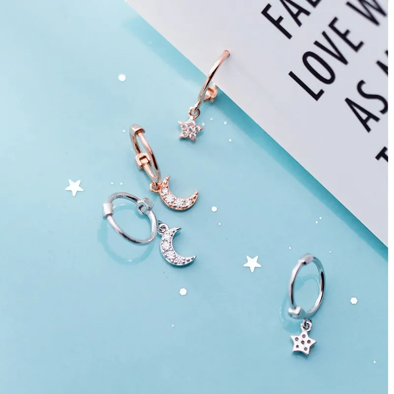 925 серебро Асимметричный небольшой кубический циркон с изображением луны и звезд