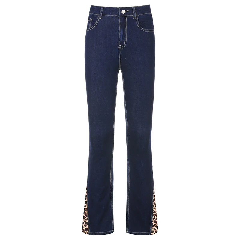 

Patchwork Leopard High Waist Jeans Pants Women Casual Blue Denim Long Trousers Ladies Fashion Streetwear Joggers 2021