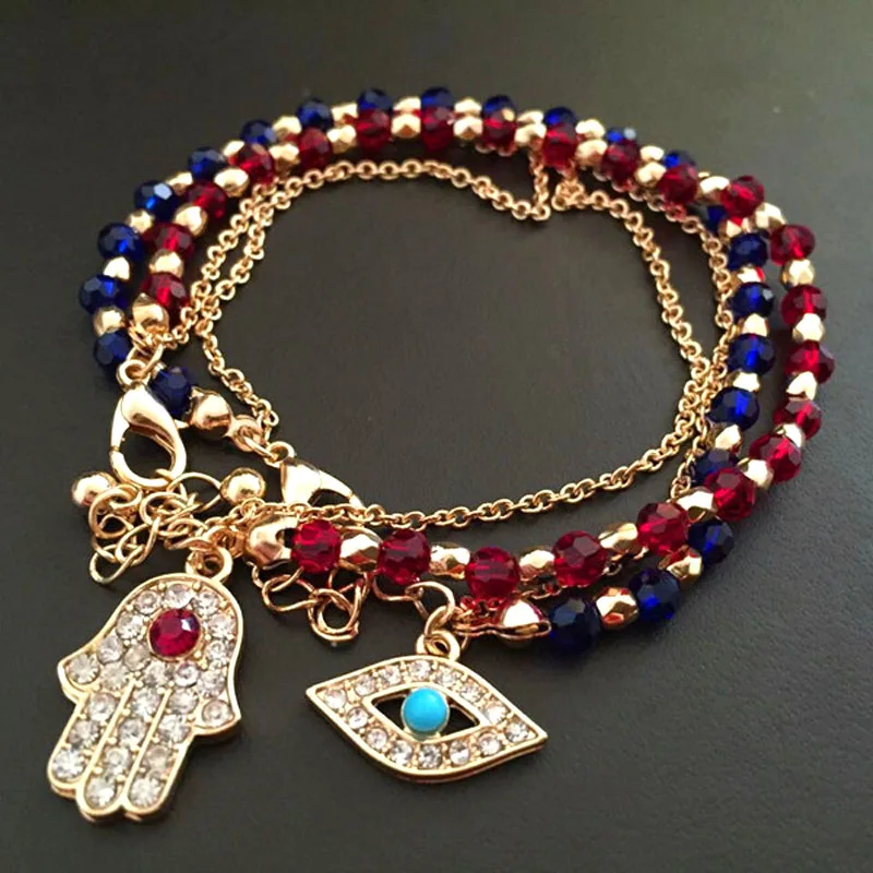 

Turkish Evil Blue Crystal Eye Bracelets For Women New Handmade Gold Chains Adjustable Fatima Hand Charms Lucky Jewelry Gifts