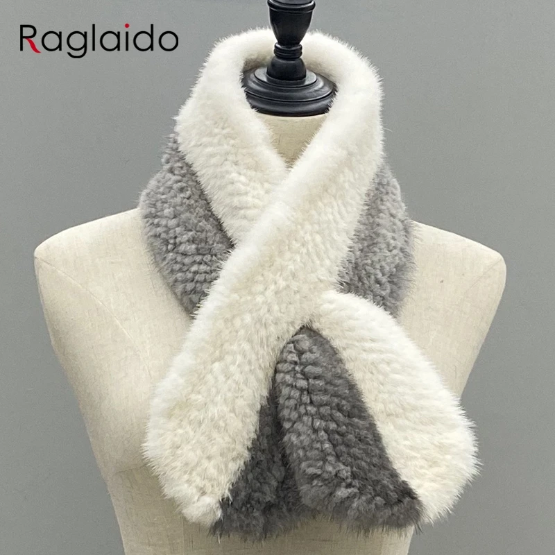 

Women Winter Scarf Knitted Natural Mink Fur Shawls Female Warm Scarves 90x13cm