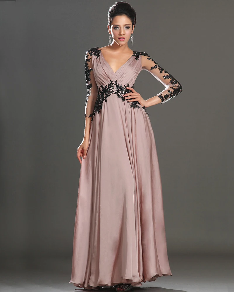 

Wedding Party Dresses With Long Sleeve Formal Dress V Neckline Backless Mother of the Bride Dresses 2015 Illusion Sleeves