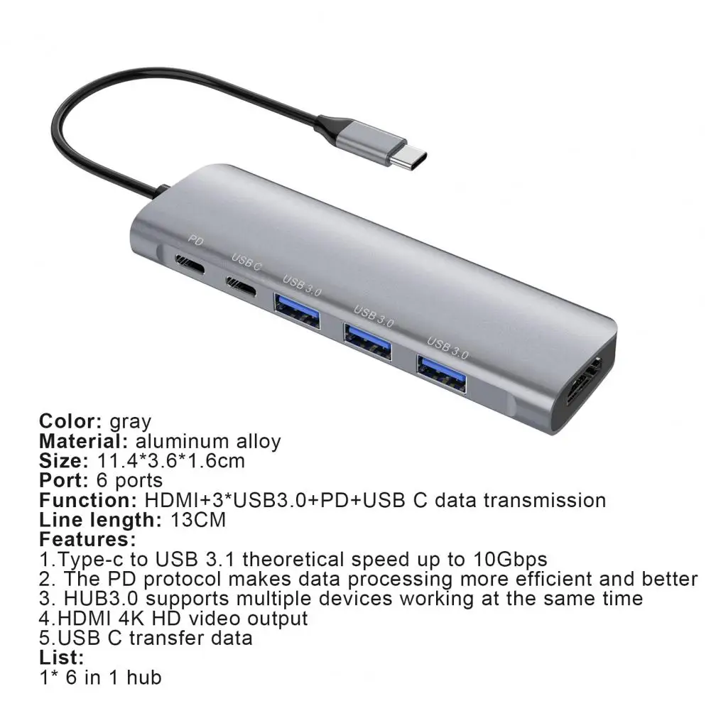 

Hub 6 in 1 USB C Aluminum Alloy USB 3.0 Type-C Hub to HDMI-compatible Adapter