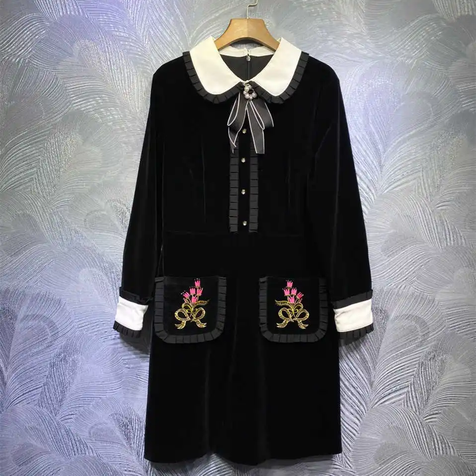 

Осеннее женское бархатное платье с вышивкой, высококачественное милое платье с бантом и вышивкой, B615