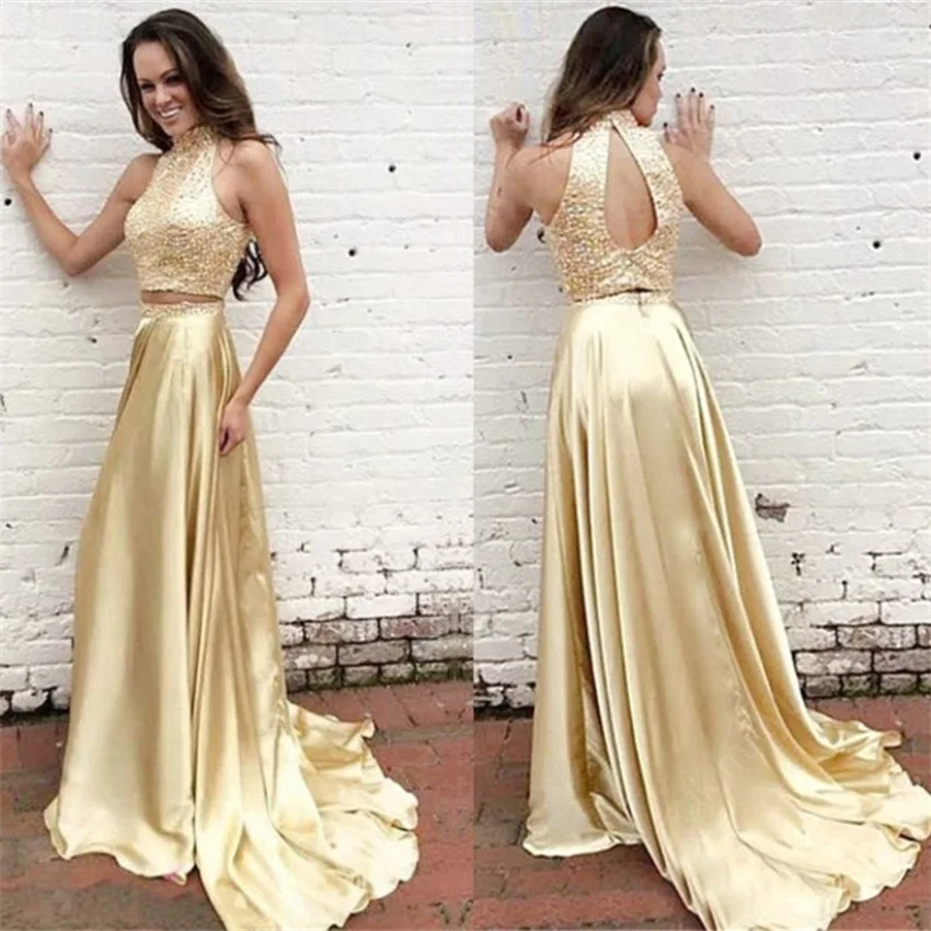 

NUOXIFANG Gold Two Pieces Prom Dresses 2020 Sequins Satin vestidos de fiesta largos elegantes de gala Party Dress